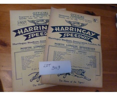 Sporting Memorabilia :Speedway Harringay progs x 2 v Wimbledon 19.6.37, Tiger Trophy Champs 4.7.36, both in fine cond.