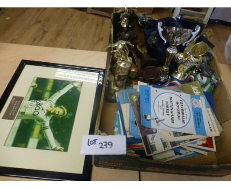 Sporting Memorabilia :Football and related box of local trophies with mostly Tottenham progs late 60’s plus Teddy Sheringham 