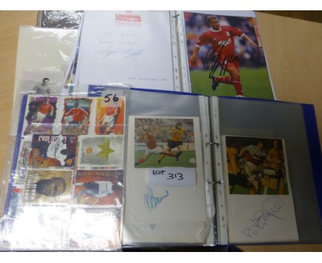 Sporting Memorabilia :Football folder of signed mounted cards, magazine pages, L’pool, Cantona signed items 100+.