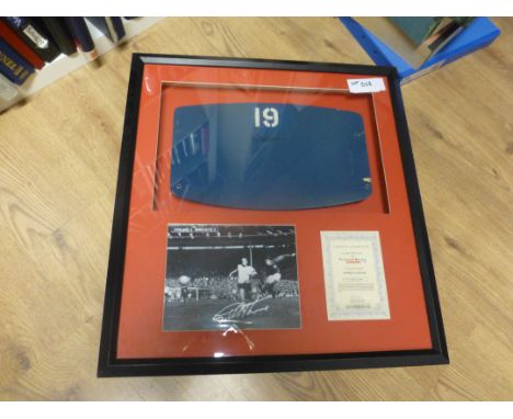 Sporting Memorabilia :Football Original 1966 World Cup Seat Back from Wembley with inset signed photo of Geoff Hurst, framed/