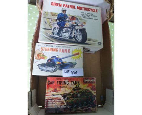 Die-cast :Boxed models Siren Patrol Motorcycle mint in box, Steering Tank Marx, Cap Firing Tank Marx, all gc.