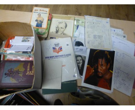 Sporting Memorabilia :Box of various Cricket score cards and some modern signed, books, mags, progs, signed Olympians cards, 