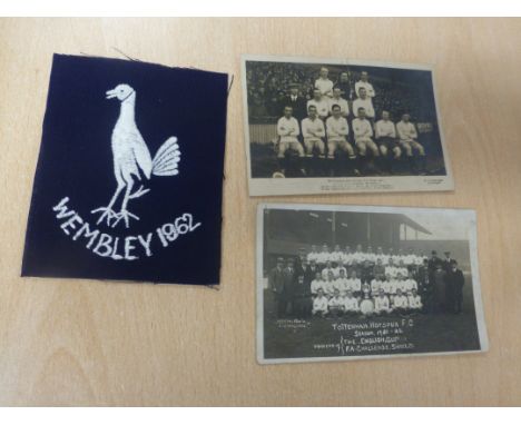 Sporting Memorabilia :Football Tottenham 2 1921 team postcards along with 1962 Wembley patch and FA Cup semi prog 1953.