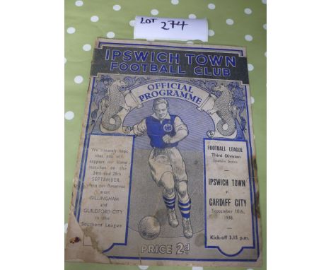 Sporting Memorabilia :Football Ipswich Town v Cardiff City 10.9.38  worst of the four, tear which runs through prog, damage b