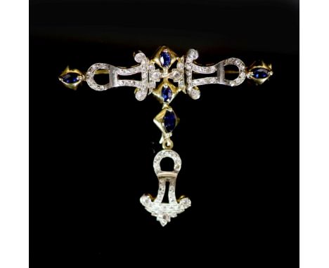   A mid 20th century gold, sapphire and diamond set drop openwork bar brooch,with arrow shaped drop, width 47mm, drop overall