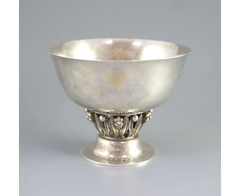   A 1920's George Jensen planished sterling silver pedestal bowl,design no. 197A, with pierced leaf and berry stem, import ma