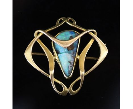   An Edwardian Art Nouveau 15ct gold and white opal set openwork  brooch (a.f.),35mm, gross weight 6.2 grams.