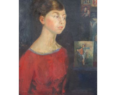   Marian Kratochwil (Polish, 1906-1997)Portrait of a young lady with religious imagery beyondoil on canvassigned verso and da