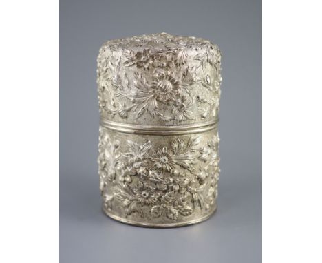   A cased late 19th/early 20th century American S.Kirk &amp; Son Co. embossed sterling silver cylindrical scent canister,deco