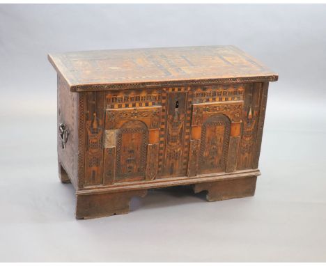   A late 16th century Anglo-German ‘Nonesuch’ chest,The facade profusely inlaid with towers and other architectural features,