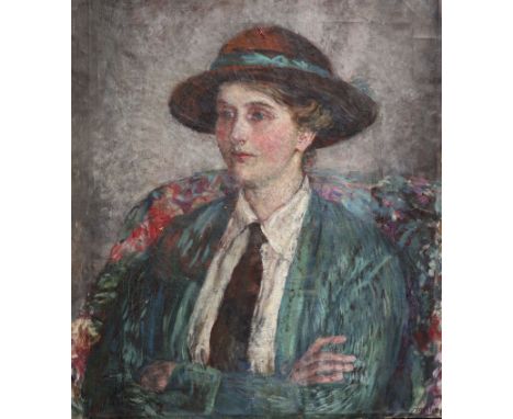   Fairlie Harmar (1876-1945)Half length portrait of the artist's sister, Phyllis Harmar in a hatoil on canvassigned66 x 58cm,
