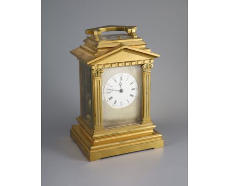   A large hour repeating architectural cased carriage clock, late 19th centurythe white enamelled dial with black Roman and A