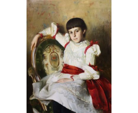 Clara Muller (19th C.)Portrait of a girl seated upon an armchairoil on canvassigned and dated 188773.5 x 94cm