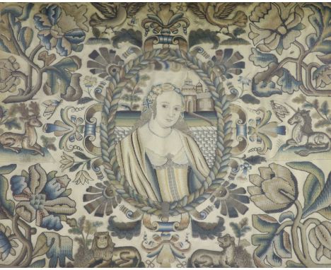   A Charles II stumpwork panel,decorated centrally with a waist length portrait of a lady, the field cornered with large flor