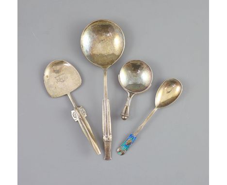   Two stylish Edwardian Art  Nouveau Liberty &amp; Co Cymric silver spoons, Birmingham, 1904, largest 18.6cm and two other sp
