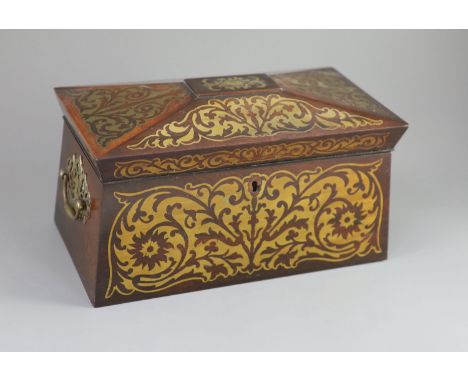   An early 19th century brass inlaid rosewood tea caddy in the boulle manner,of sarcophagus form, the hinged cover flanked wi