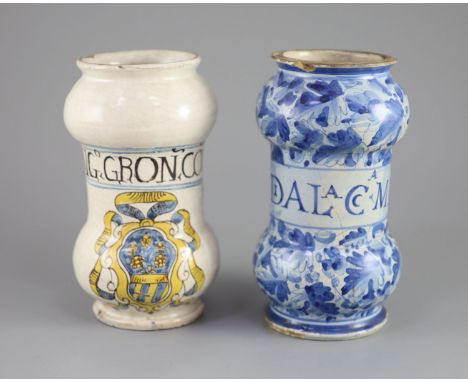   Two Italian maiolica albarello, Savonarola, early 18th centurythe first painted in polychrome with a shield and mantle and 