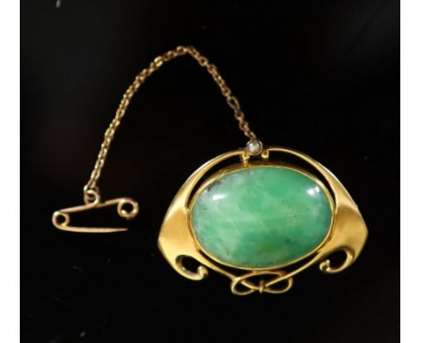   An Edwardian Art Nouveau Murrle Bennett 15ct gold, seed pearl and cabochon jade set pendant brooch,33mm, gross weight 8.9 g