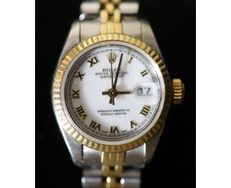  A lady's early 1990's steel and gold Rolex Oyster Perpetual Datejust wrist watch, on a steel and gold Rolex bracelet,with w