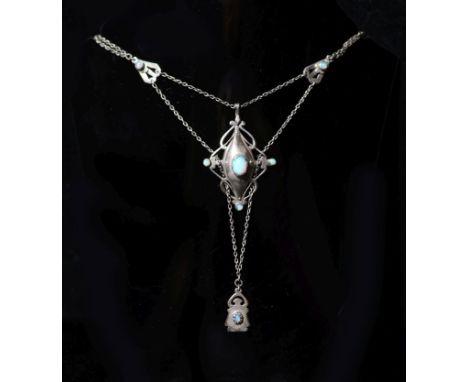   An early 20th century Arts &amp; Crafts silver and nine stone cabochon black opal set drop pendant necklace,with pierced st