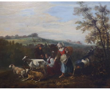   Late 18th century Flemish SchoolShepherdess in a landscapeOil on wooden panel43 x 52 cm. 