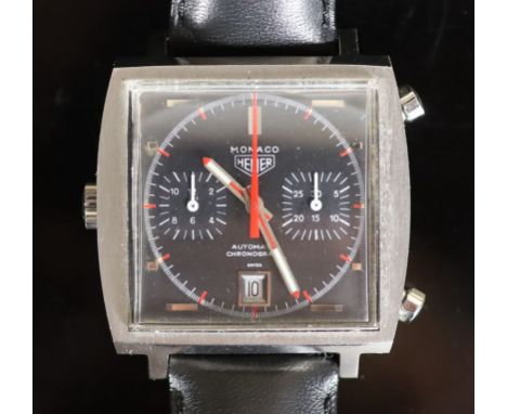   A gentleman's early 1970's steel Heuer Monaco Automatic Chronograph square cased wrist watch, on later associated leather s