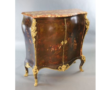 *  A late 19th century Louis XVI style serpentine bombe commode,with marble top and Vernis Martin style decoration to the mai