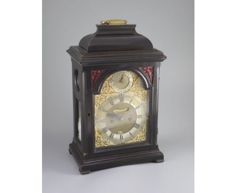   A George III ebonised bracket clock, Halifax of London,the silvered chapter ring with Roman and Arabic numerals with date a
