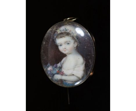   A Georgian miniature oval watercolour portrait of a child with flowers, in gold pendant brooch mount,33mm, gross weight 9.4
