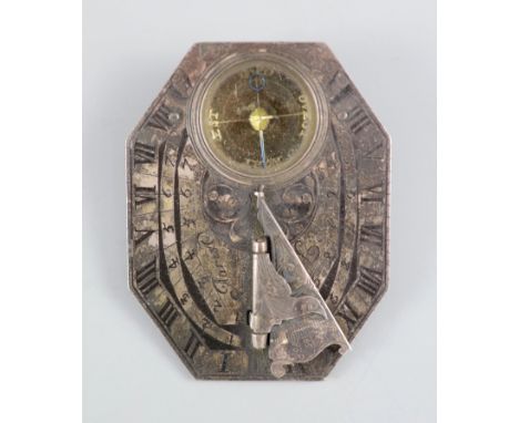   A cased French silver Butterfield-type pocket sundial / compass (scale) early 18th centuryInscribed ‘Le Febure, Paris’, wit