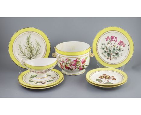   A group of Derby yellow ground botanical dessert and dinner wares, c.1790-1810,each piece painted with a titled botanical s