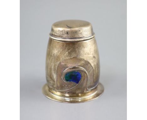   An Edwardian Art Nouveau Liberty &amp; Co Cymric silver and enamel tobacco jar and cover,of ovoid form, with stylised ename