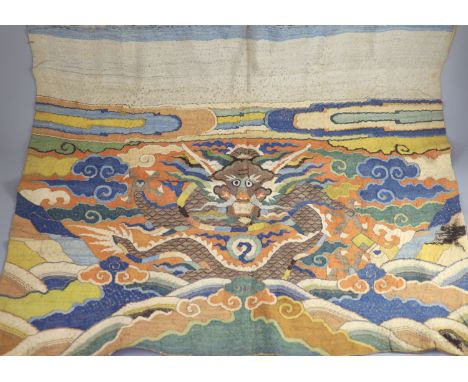   A Chinese late Ming Kesi  'dragon' panel, 17th century,finely woven  in colours with a confronting dragon chasing a flaming