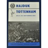 1967/68 European Cup Winners Cup Hajduk Split v Tottenham Hotspur 20 September 1967 match programme;