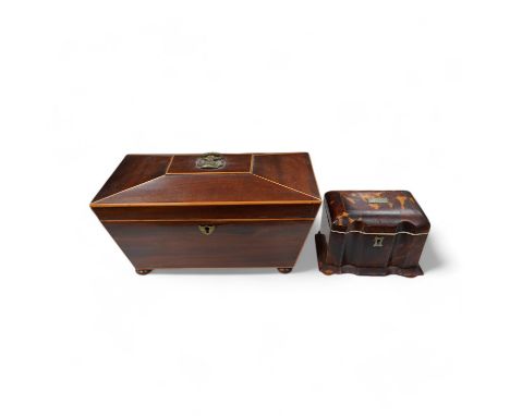 A 19th century tortoiseshell tea caddy with ivory banding together with a satinwood banded mahogany tea caddy, 28cm wide. Con