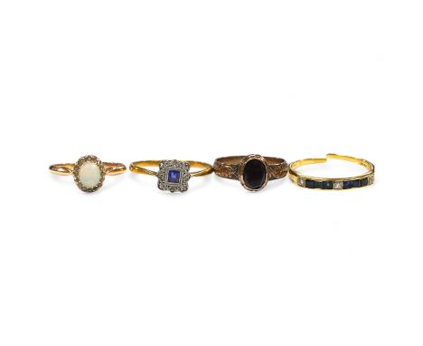 Four assorted gem set rings, including 18ct and plat, sapphire and diamond cluster, 14k, white opal and diamond cluster, an 1