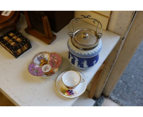 A Wedgwood three colour biscuit barrel with plated rim and handle, a Royal Worcester cup and saucer and a Dresden shaped bowl