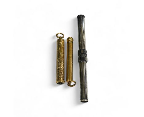 Two yellow metal overlaid propelling pencils, including late Victorian with engraved inscription, 54mm and one other silver c