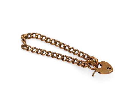 An Edwardian 9ct gold curb link bracelet, with heart shaped padlock clasp, 17cm, 10 grams. Condition - fair to good General l