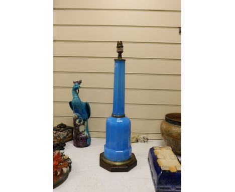 A French blue opaline glass table lamp, 59cm high overall. Condition - good Heiberg-shape glass body good.  Legitimately offe
