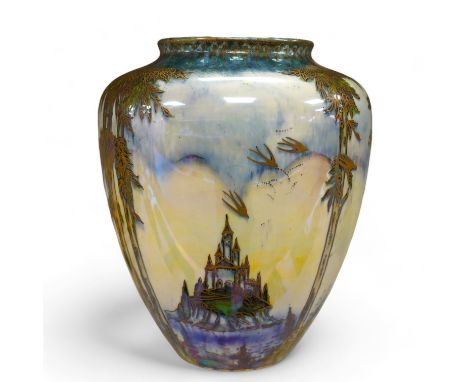 A Royal Worcester Crown ware (C.W280) lustre fairy castle design, 20.5cm high. Condition - good Structurally good; wear to gi