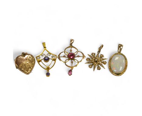 Five assorted gem set pendants including a 9ct and seed pearl star, 20mm, a yellow metal and amethyst set drop, a yellow meta