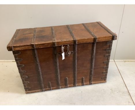An iron bound hardwood trunk, width 102cm, height 65cm. Condition - fair to good