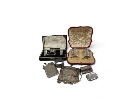 Sundry small silver including two cased condiment sets, a card case, vesta, scent flask, etc. and a plated evening bag. Condi