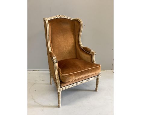 A Louis XVI style cream painted fauteuil, width 64cm, height 74cm. Condition - fair