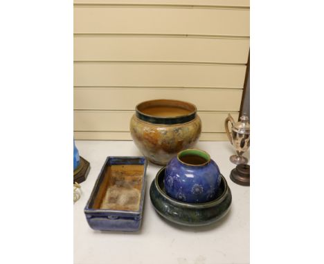 A Royal Doulton jardiniere, a bowl, a vase and a planter, largest 28cm in diameter (4) Condition - jardiniere poor, others go