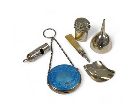 Five assorted small silver items including an early 19th century silver scent bottle case by Samuel Pemberton, containing a s