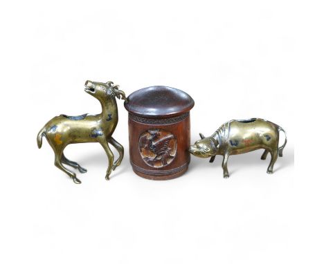 Two 19th century Chinese bronze, copper and silver inlaid censers in the form of animals and a bamboo tea caddy, largest 14cm