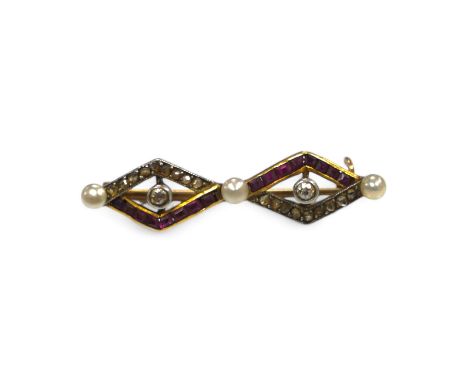 A yellow metal, ruby, diamond and seed pearl set small brooch, 34mm, gross weight 3.9 grams. Condition - poor to fair