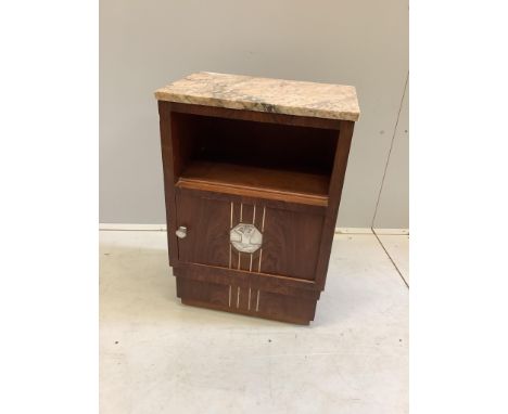 A French Art Deco inlaid rosewood marble top bedside cabinet, width 47cm, height 68cm. Condition - fair, but some light scuff